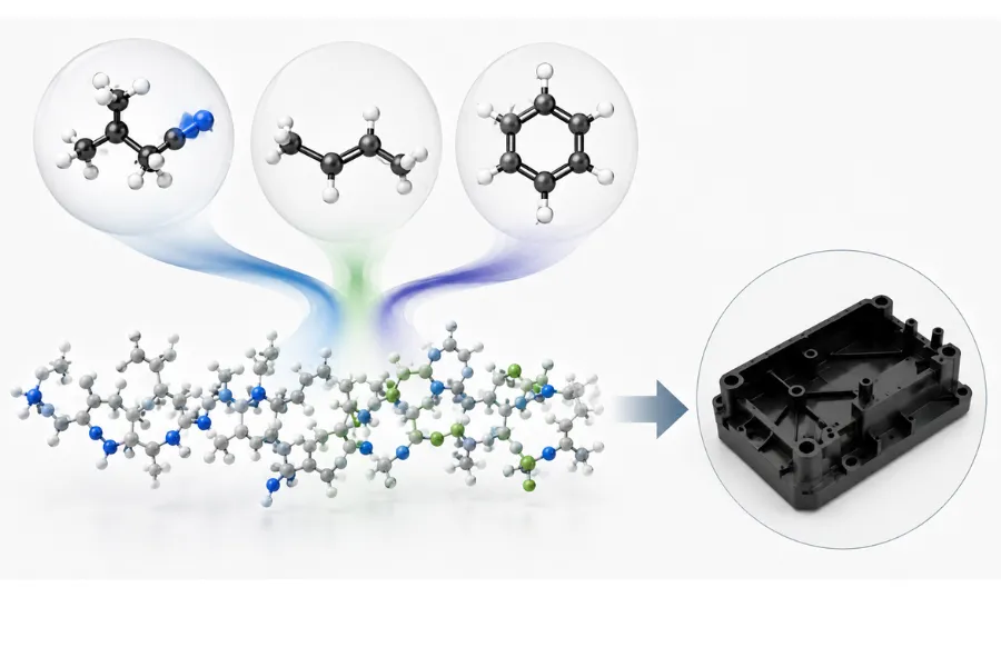 ABS plastic composition showing acrylonitrile butadiene and styrene structure