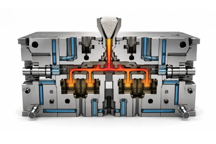 ABS plastic injection molding design with gate venting and cooling system