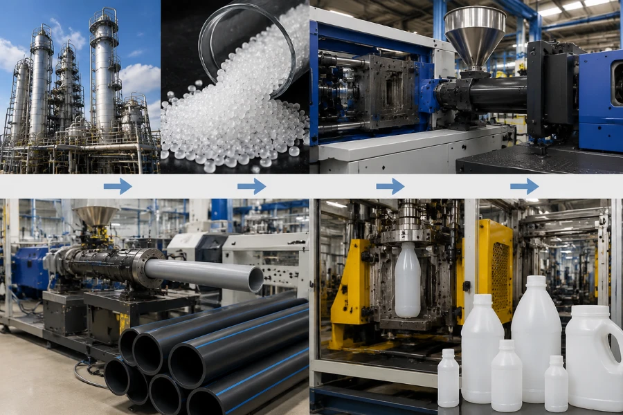 HDPE manufacturing process from resin pellets to plastic products