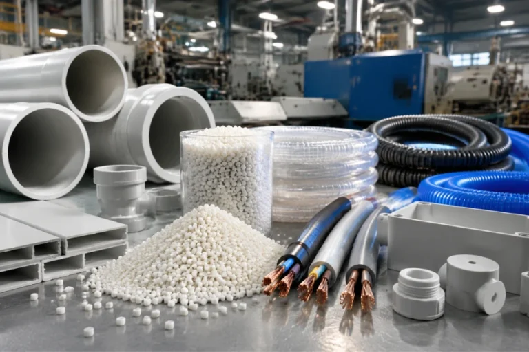 PVC plastic material showing rigid PVC pipes, flexible PVC tubing, and industrial molded components in a manufacturing environment