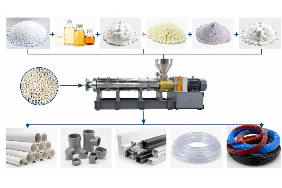 PVC material formulation process showing PVC resin, additives, and finished plastic products