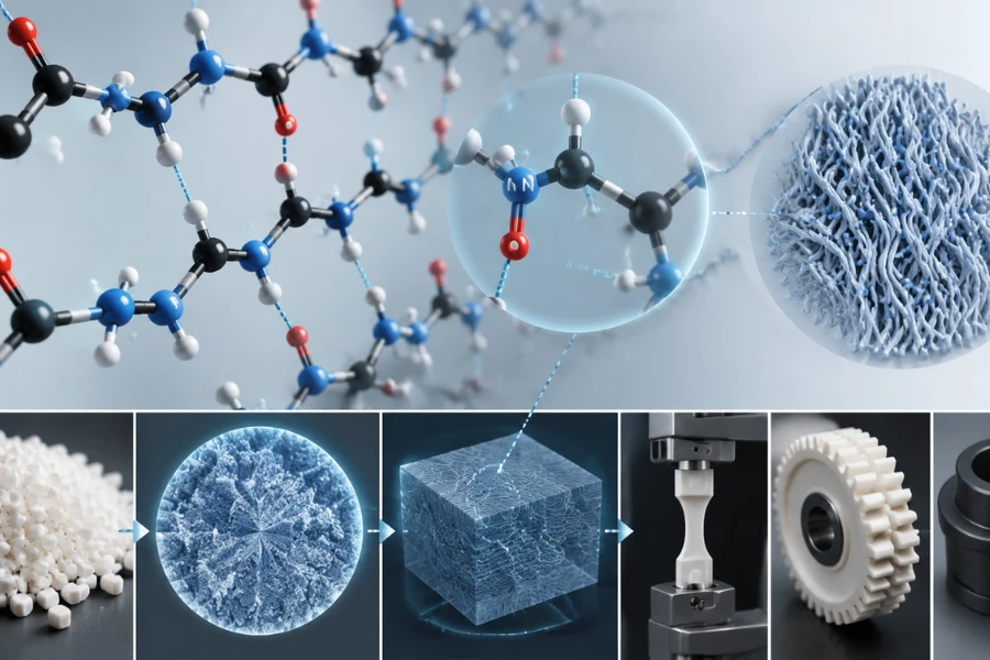 Nylon molecular structure showing hydrogen bonding and mechanical performance of polyamide plastic