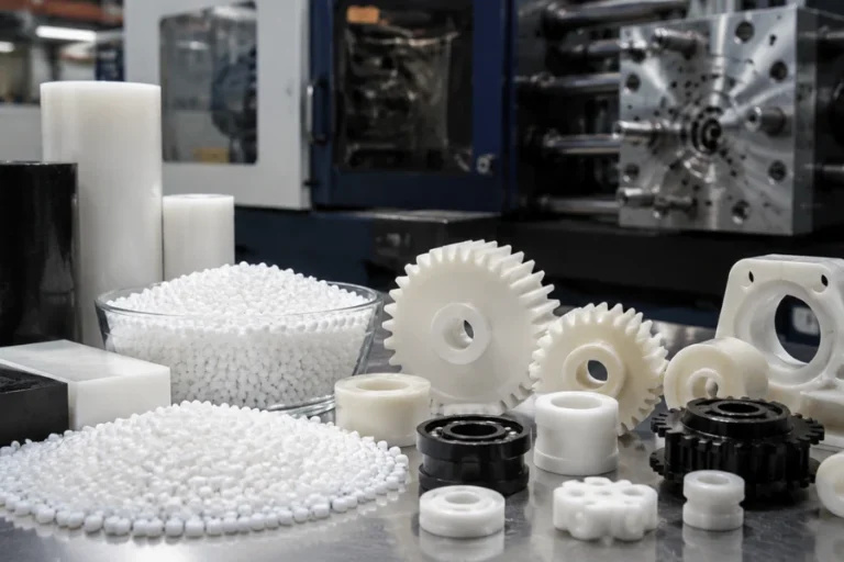 Delrin POM plastic material with precision injection molded engineering components and mechanical parts