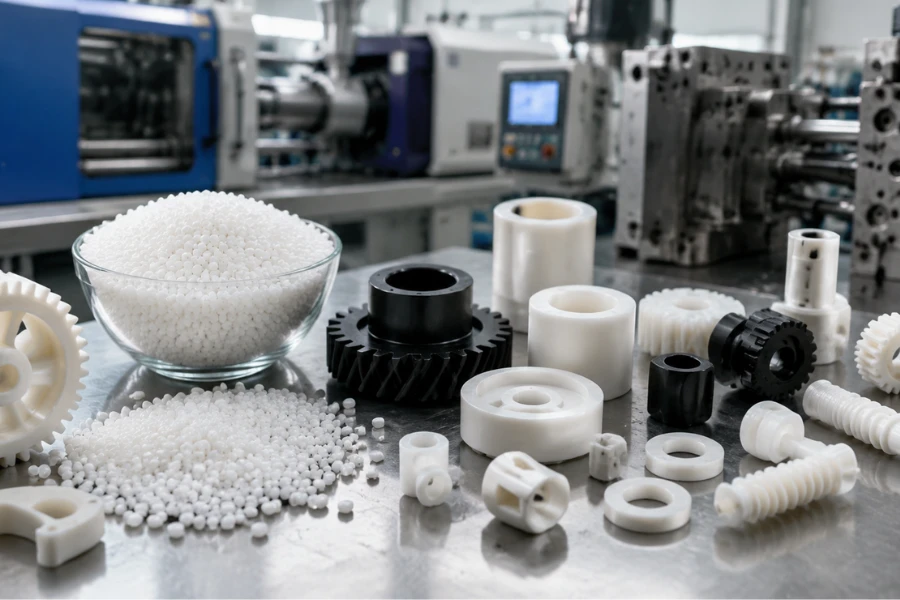 Delrin plastic (POM) engineering material used for precision mechanical components
