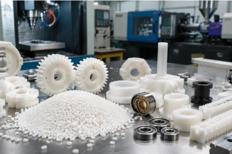 Acetal plastic POM material samples and precision engineering components used for industrial applications
