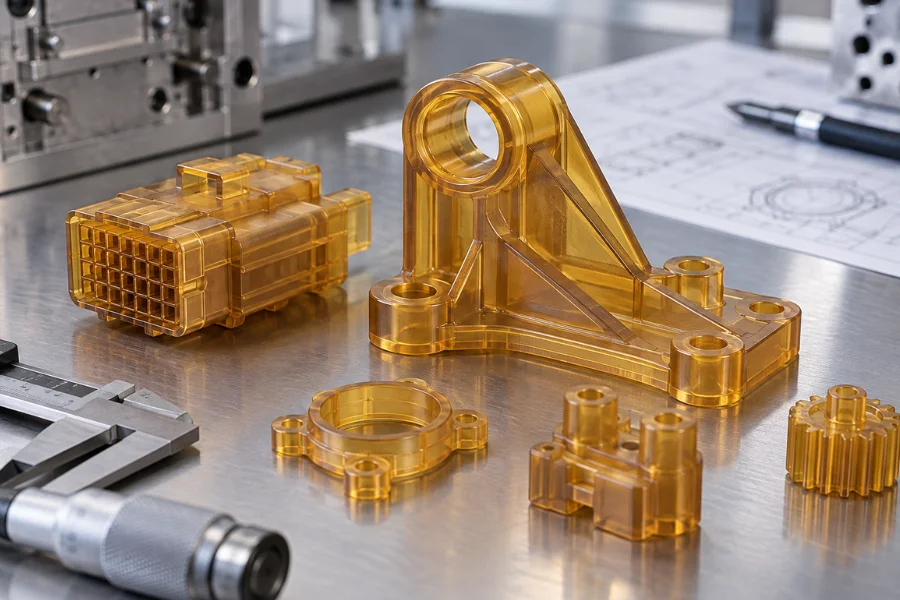 Ultem PEI plastic parts showing the material's translucent amber appearance