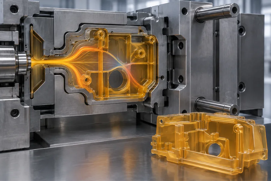 Ultem injection molding DFM showing gate location, flow paths, and weld line formation