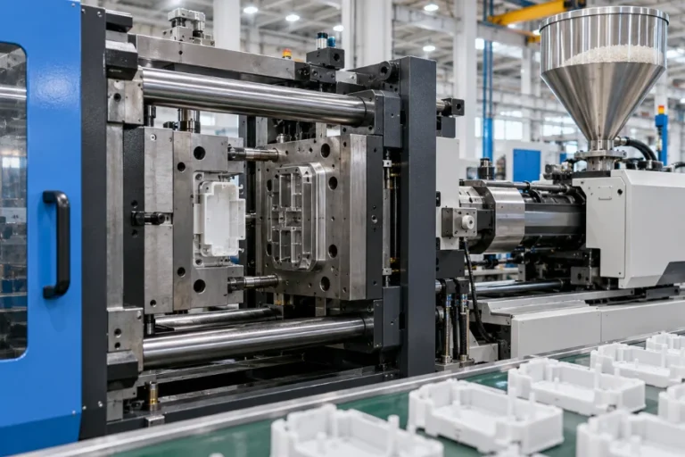 Plastic injection molding machine producing molded parts