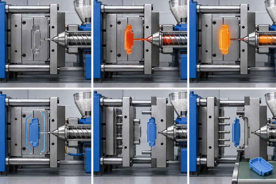 Injection molding process from clamping to part ejection