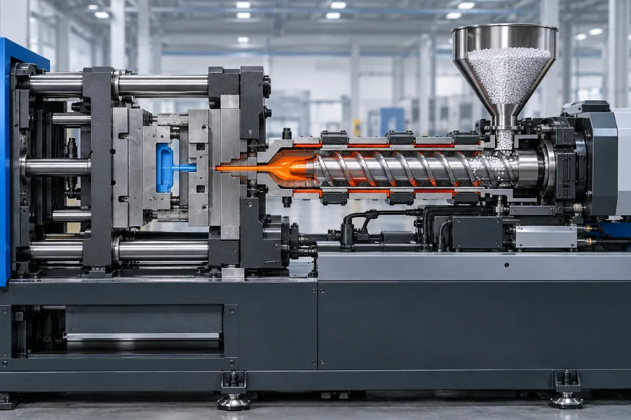 Injection molding machine with screw, barrel, mold and clamping unit