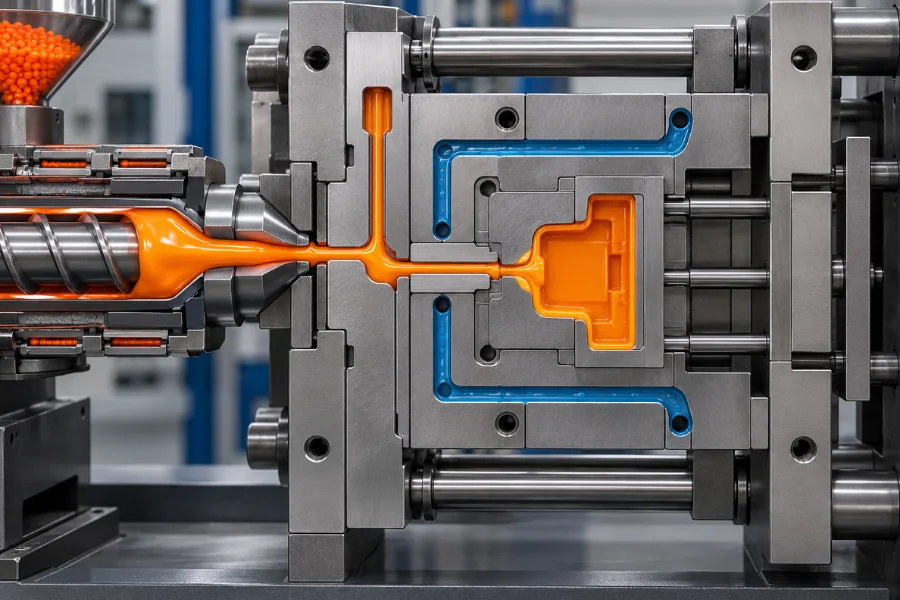 Injection mold showing runner, gate, cavity and cooling channels