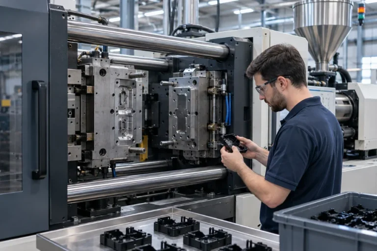 Injection molding process with mold and molded plastic parts