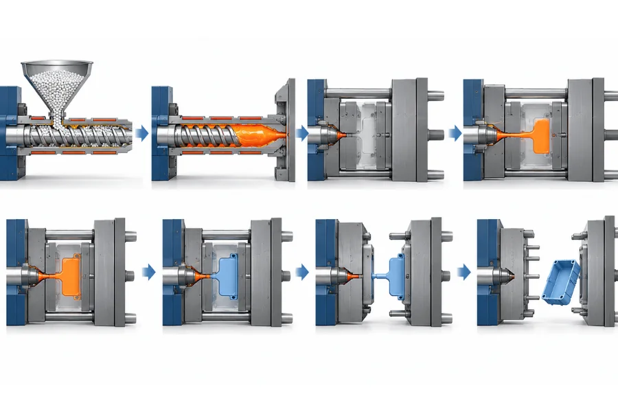Injection molding process steps from plasticizing to part ejection