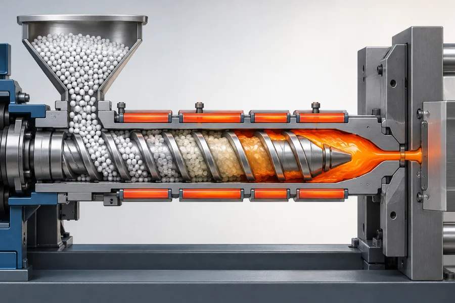 Injection molding screw plasticizing polymer inside the barrel