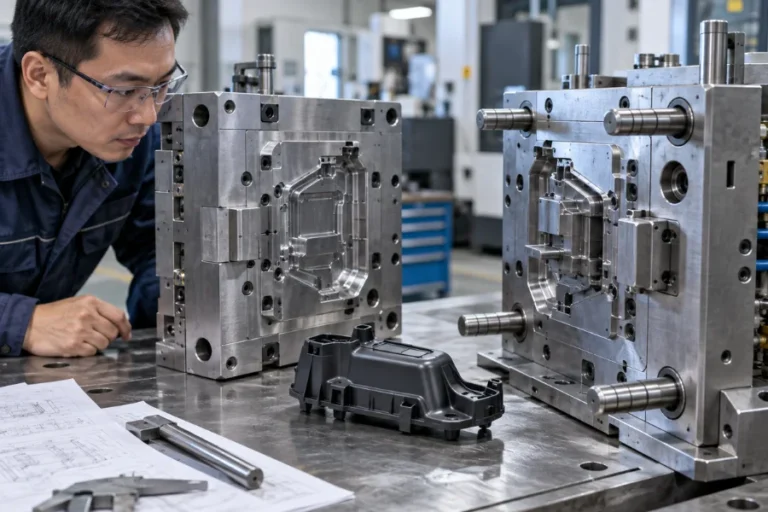 Injection mold design with core, cavity and molded plastic part
