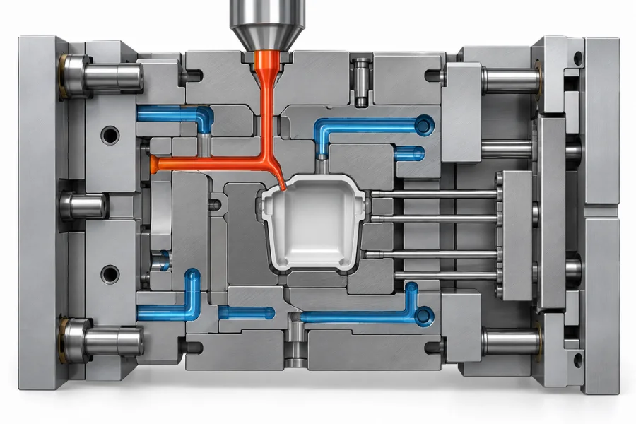 Injection mold design showing core, cavity, runner, cooling and ejection systems