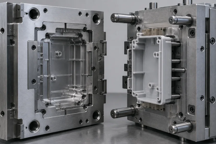 Injection mold core and cavity design with parting line and part retention