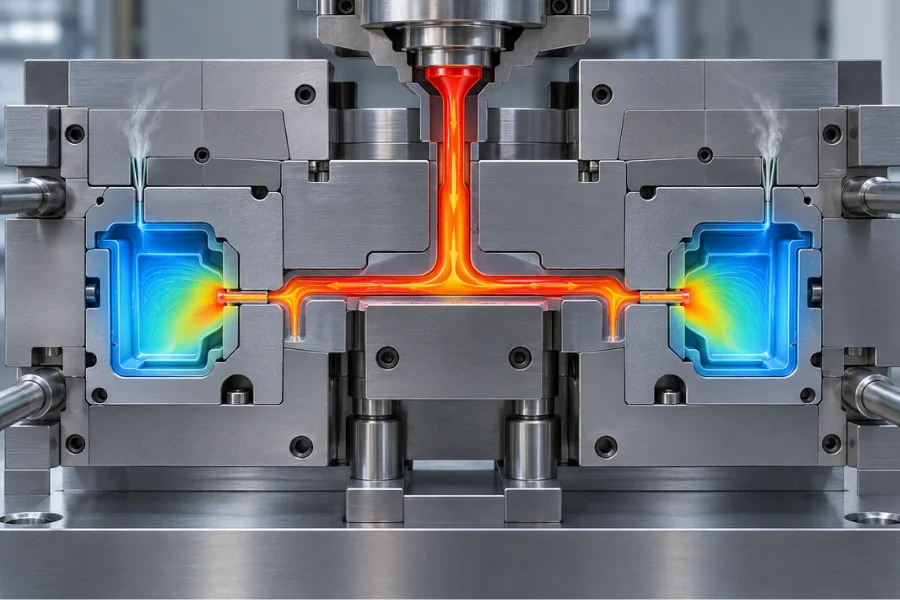 Injection mold runner, gate and venting design for controlled cavity filling