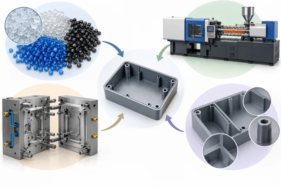 Root causes of injection molding defects in material, process, mold and part design