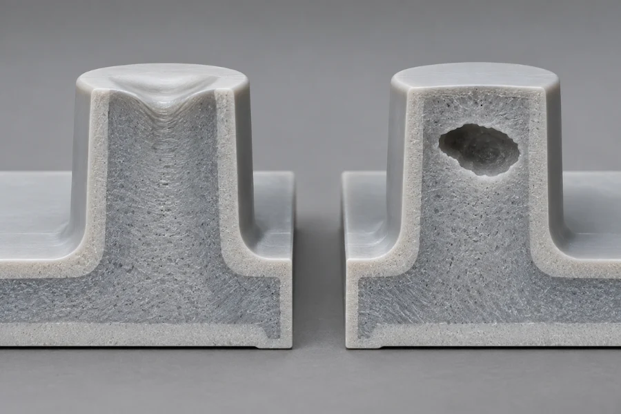 Sink marks and vacuum voids caused by injection molding shrinkage