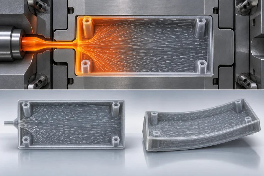 Fiber orientation and anisotropic shrinkage causing injection molding warpage