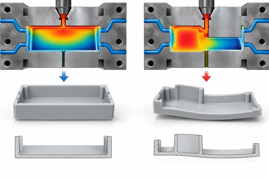 Uneven wall thickness causing warpage and dimensional variation in injection molding