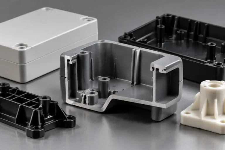 Injection molding wall thickness illustrated with molded plastic parts and cutaway wall sections