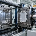 Plastic injection molding machine used to produce parts during an injection molding cycle