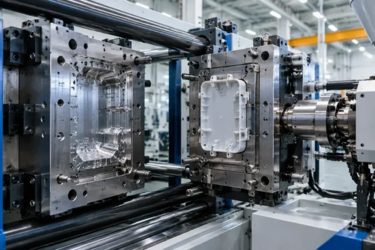 Plastic injection molding machine used to produce parts during an injection molding cycle