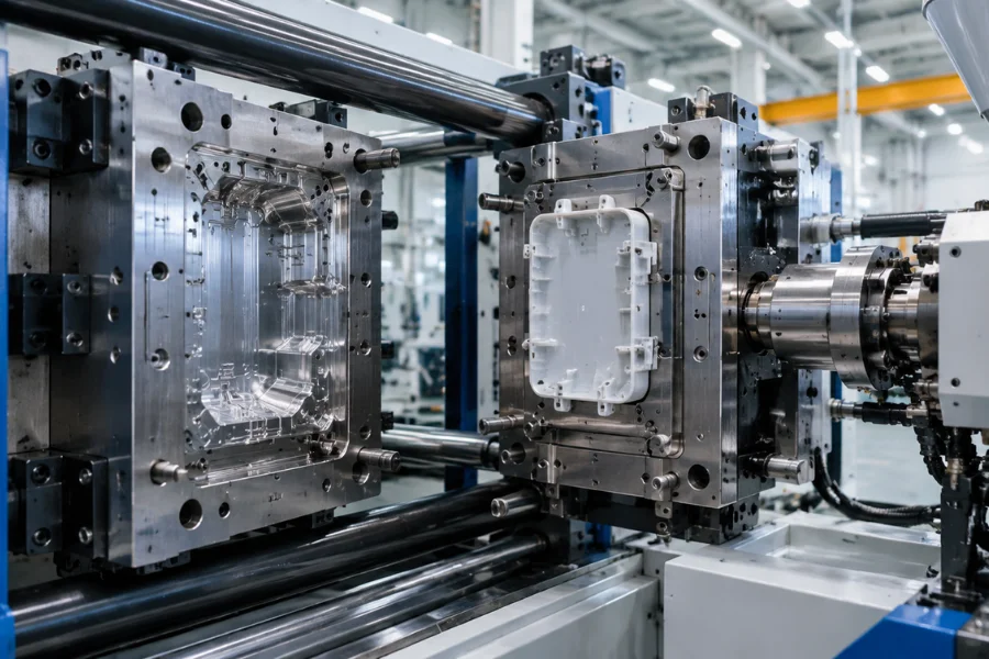 Plastic injection molding machine used to produce parts during an injection molding cycle