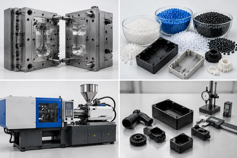 Injection molding cost breakdown showing tooling, plastic resin, machine processing, and finishing