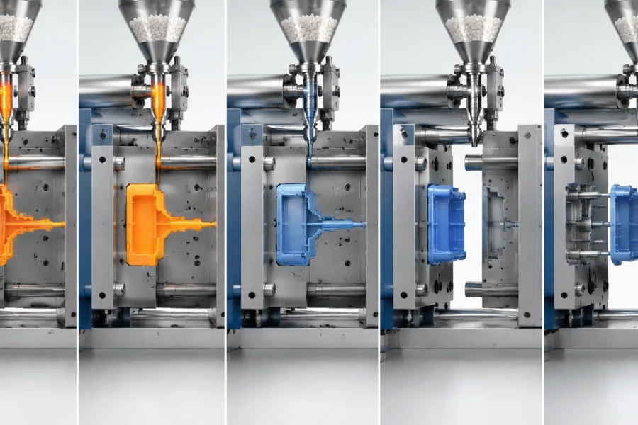 Injection molding cycle time stages including filling, holding, cooling, mold opening, and ejection