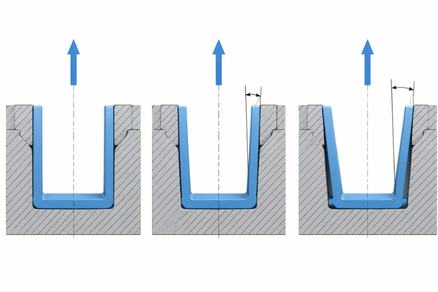 Injection molding draft angle comparison showing zero draft and positive draft along the mold pull direction