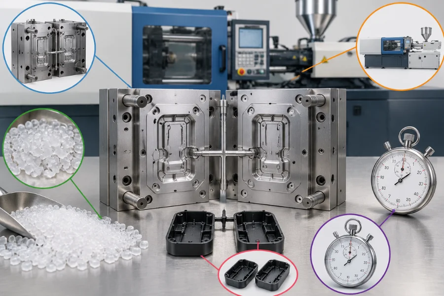 Injection molding cost per part calculation using mold investment, resin weight, cycle time, and machine rate