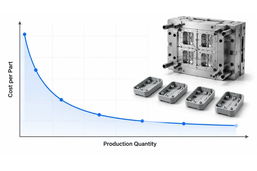 Injection molding cost per part decreasing as tooling cost is distributed across higher production volumes