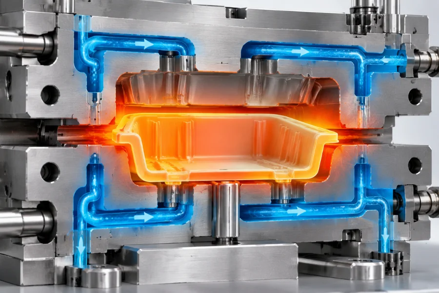 Injection molding cooling channels removing heat from a plastic part during the cooling stage