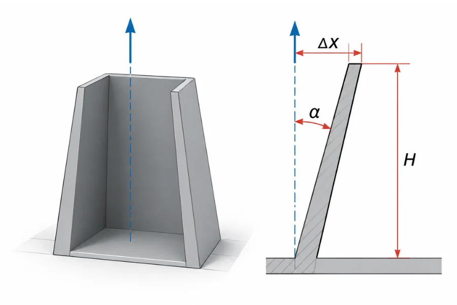 Injection molding draft angle design for plastic ribs and bosses showing changes in rib top width