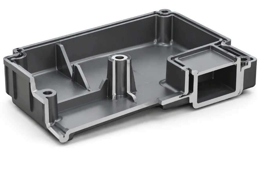 Injection molding wall thickness design with reinforcing ribs, cored bosses, and rounded corners