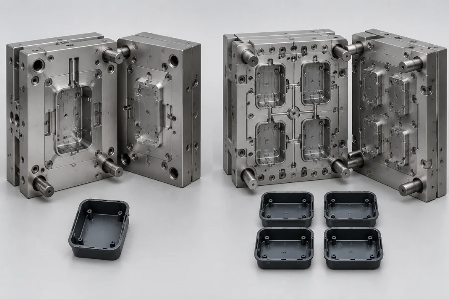 Single-cavity and four-cavity injection molds compared for tooling investment and production cost per part