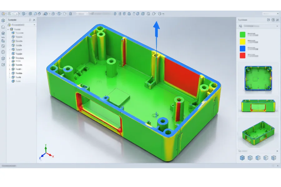Injection molding draft angle calculation showing wall height, draft angle, and horizontal dimensional offset